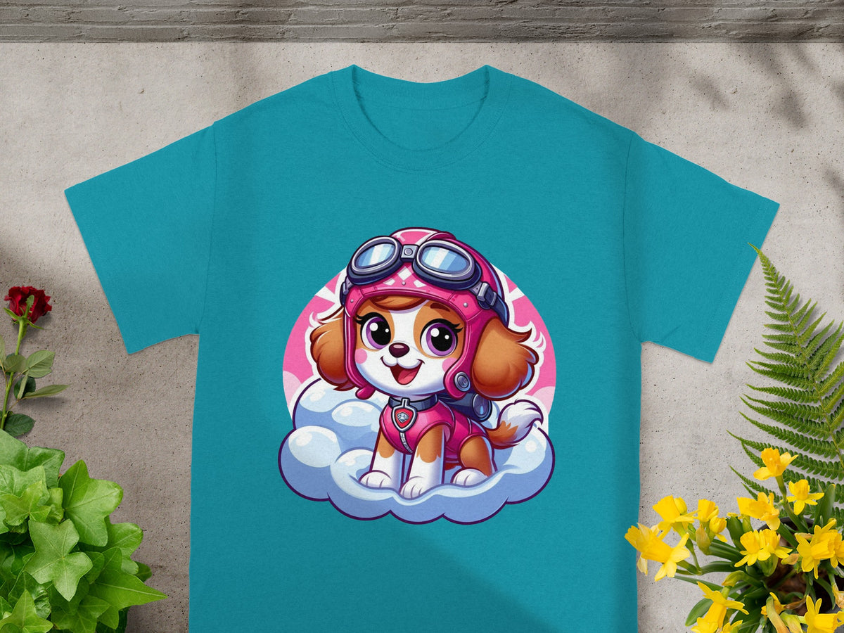 Paw Patrol Skye on a cloud wearing pink goggles and helmet, teal t-shirt.