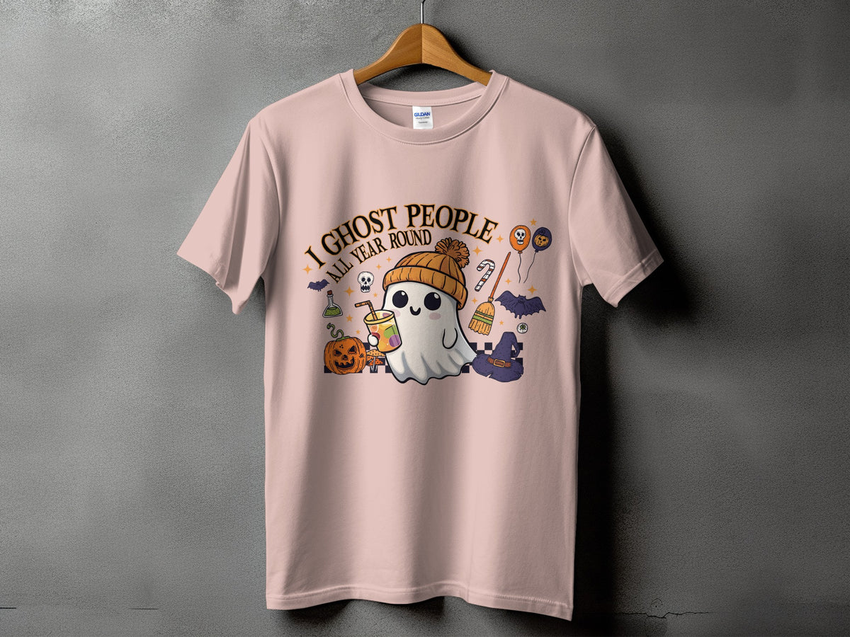 Pink t-shirt with a kawaii ghost graphic saying "I Ghost People All Year Round."