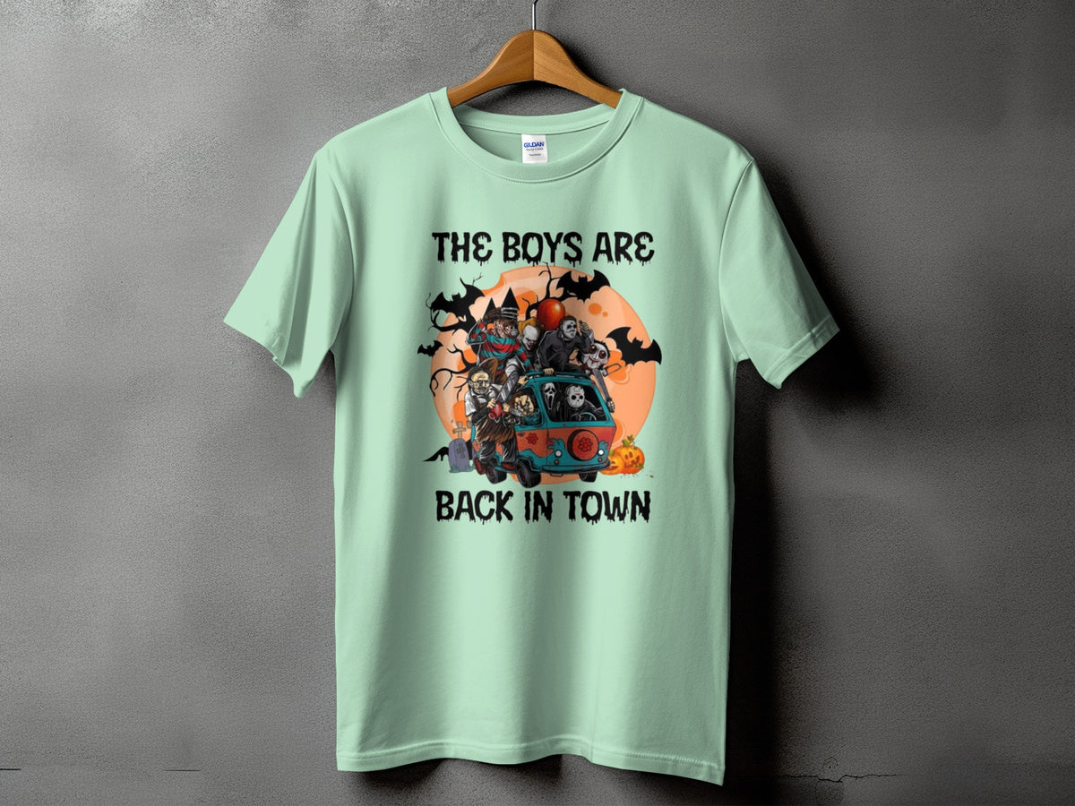 Mint t-shirt with horror characters in a van and text "THE BOYS ARE BACK IN TOWN".