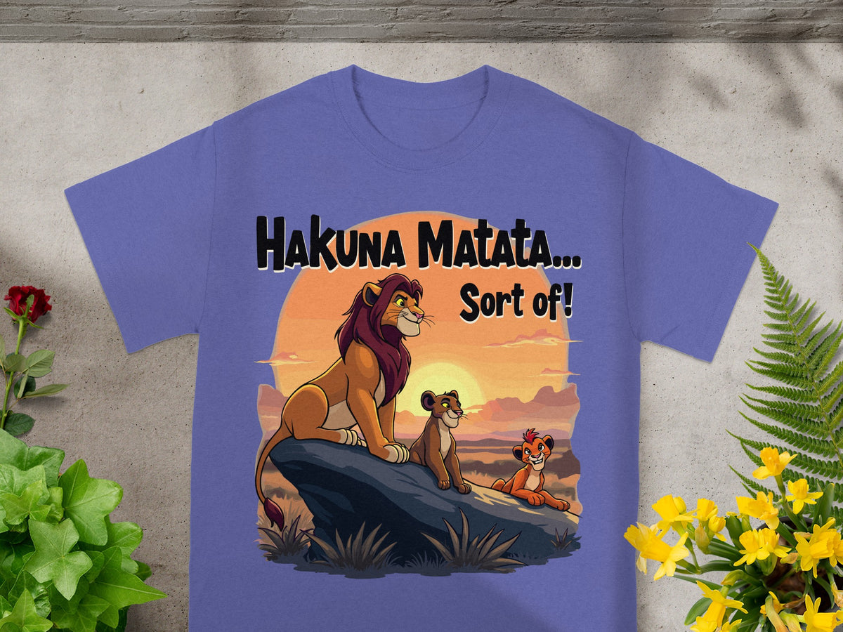 Lion King characters Simba, Nala, and Timon on a rock with "Hakuna Matata... Sort of!"