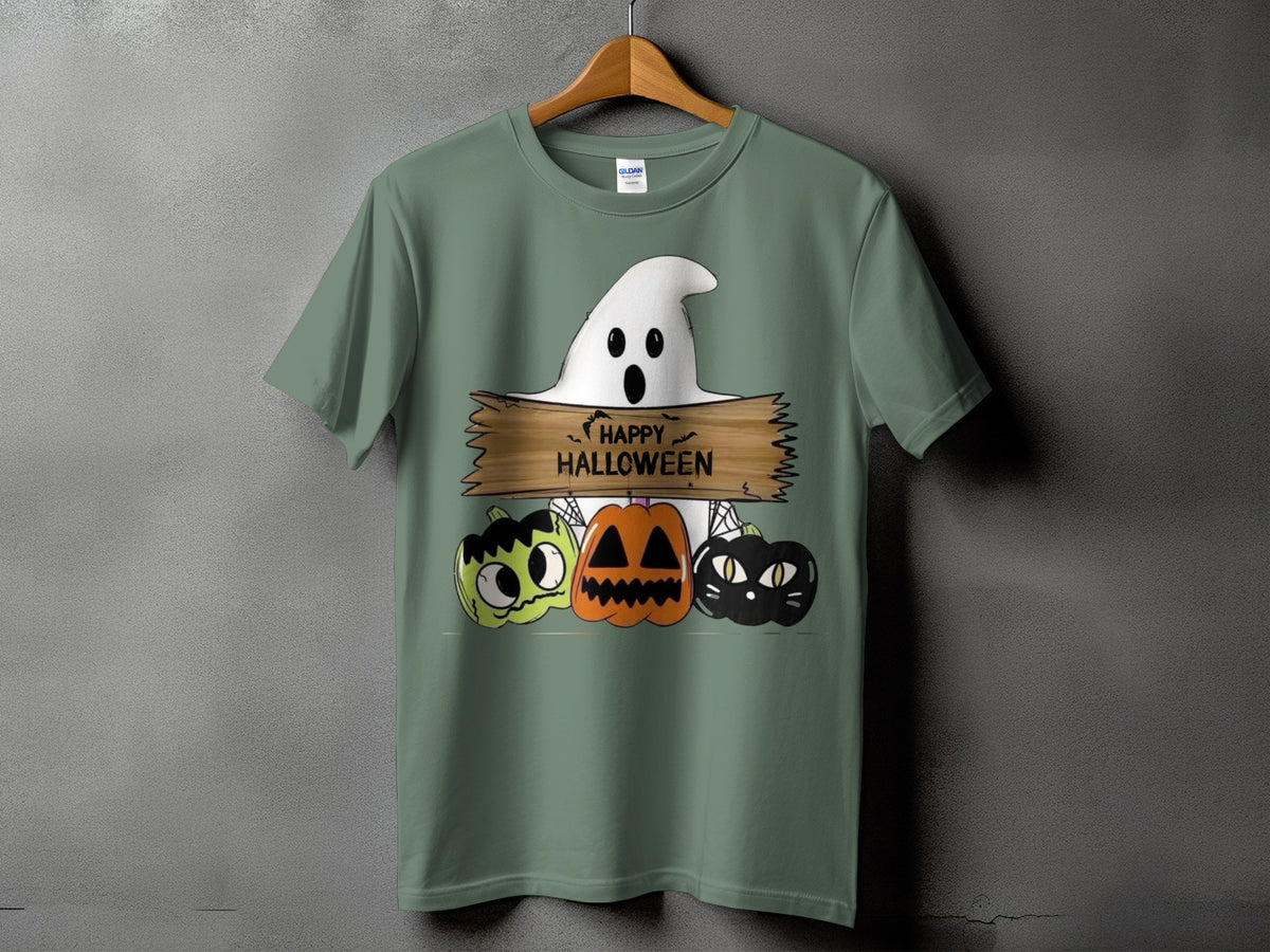 Green t-shirt with a ghost and pumpkins graphic that says "Happy Halloween."