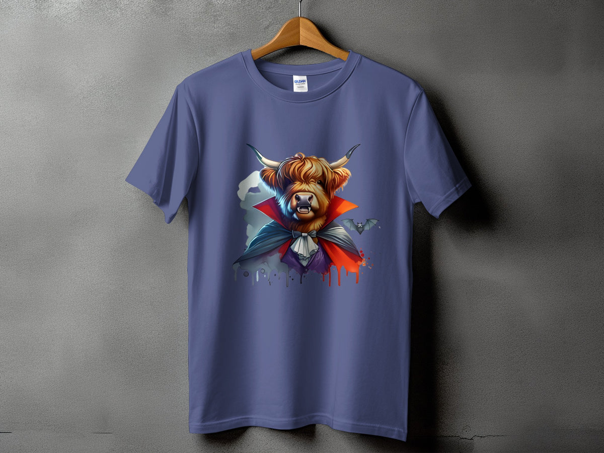 T-shirt with highland cow dressed as a vampire with bats.