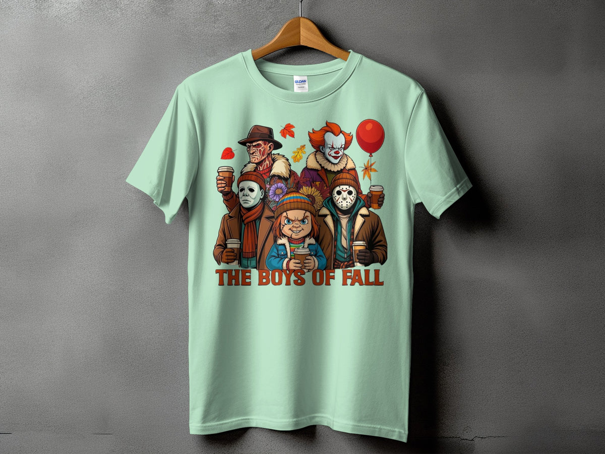Horror characters holding coffee cups with text "THE BOYS OF FALL."