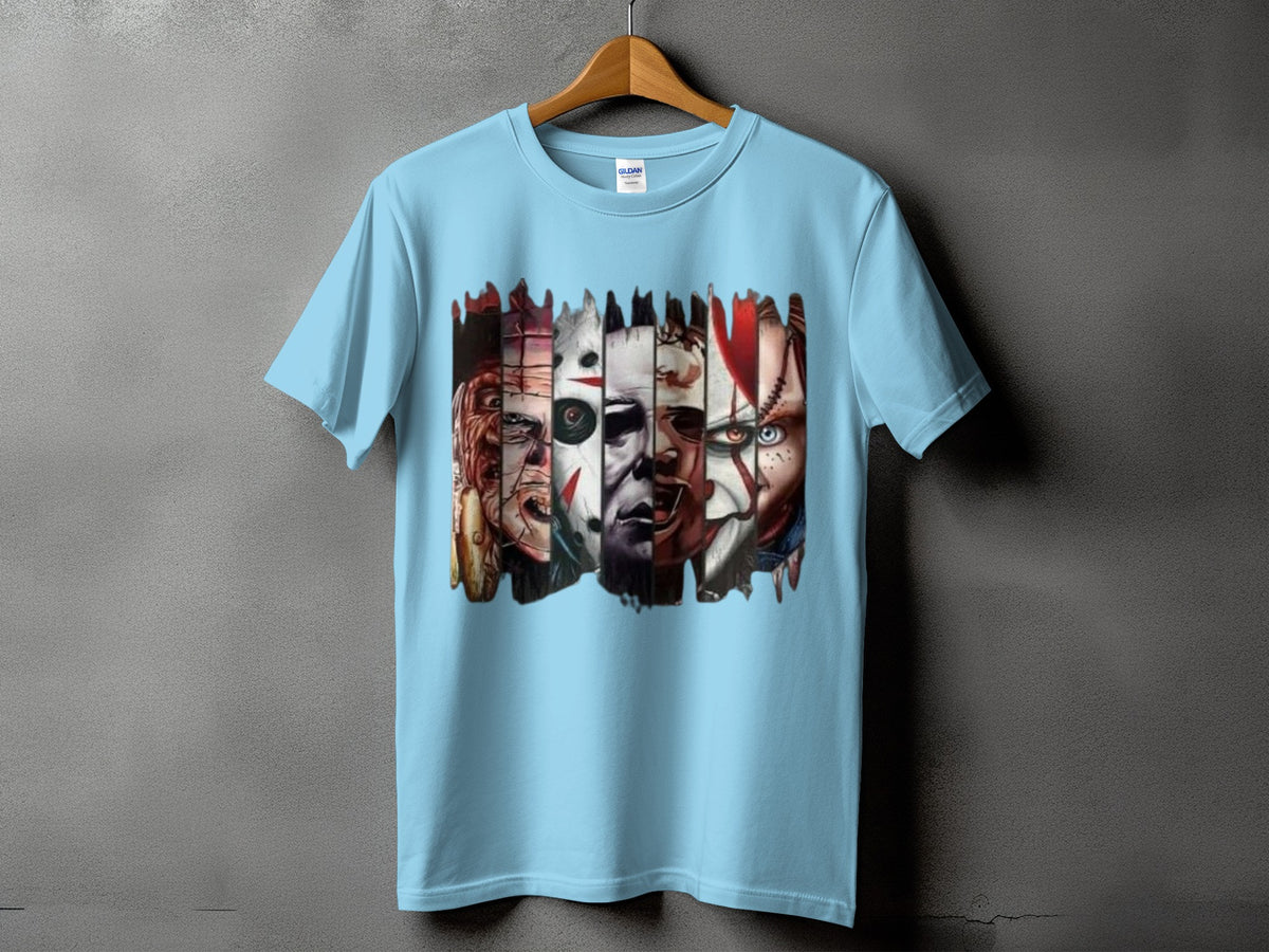 Light blue t-shirt with horror movie characters collage graphic.