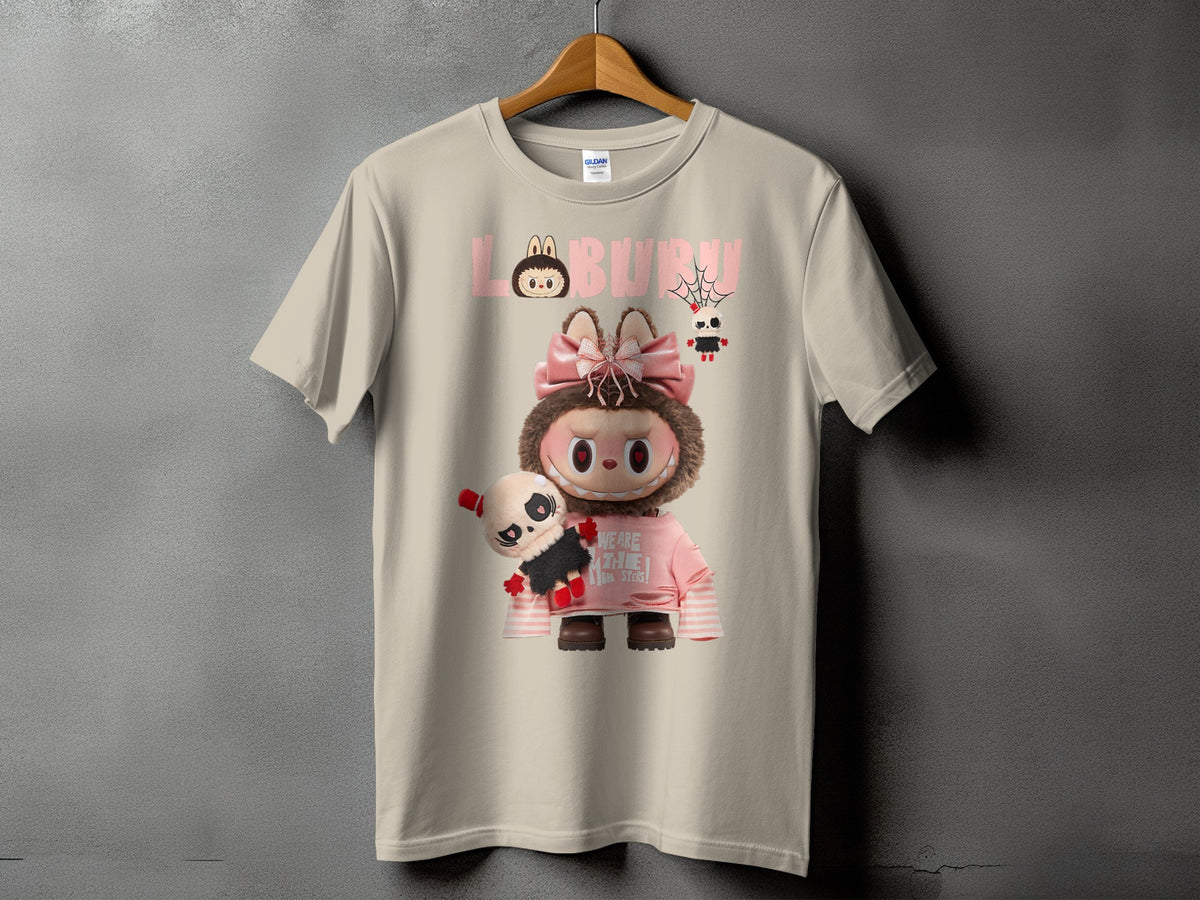Tan t-shirt with "LABURUN" text and a character holding a skull plush.