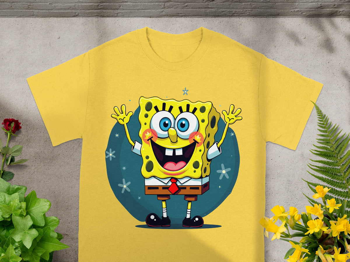 Yellow t-shirt with Spongebob Squarepants character illustration.