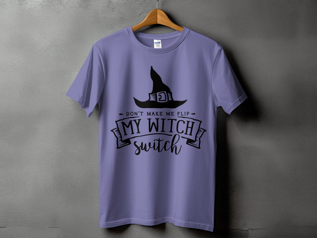 Purple t-shirt with black witch hat graphic and text reading "My Witch Switch".