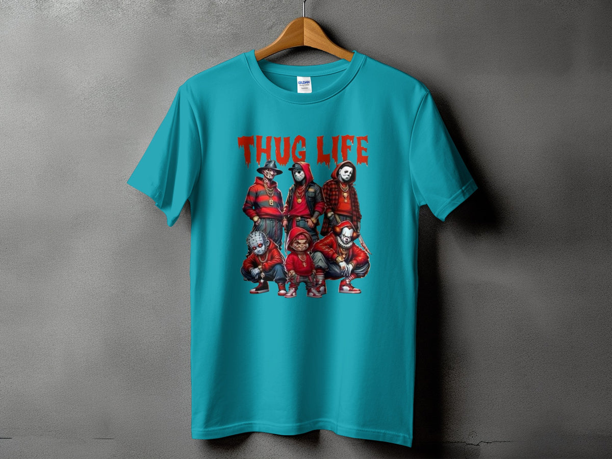 Teal t-shirt with "THUG LIFE" text and horror characters.