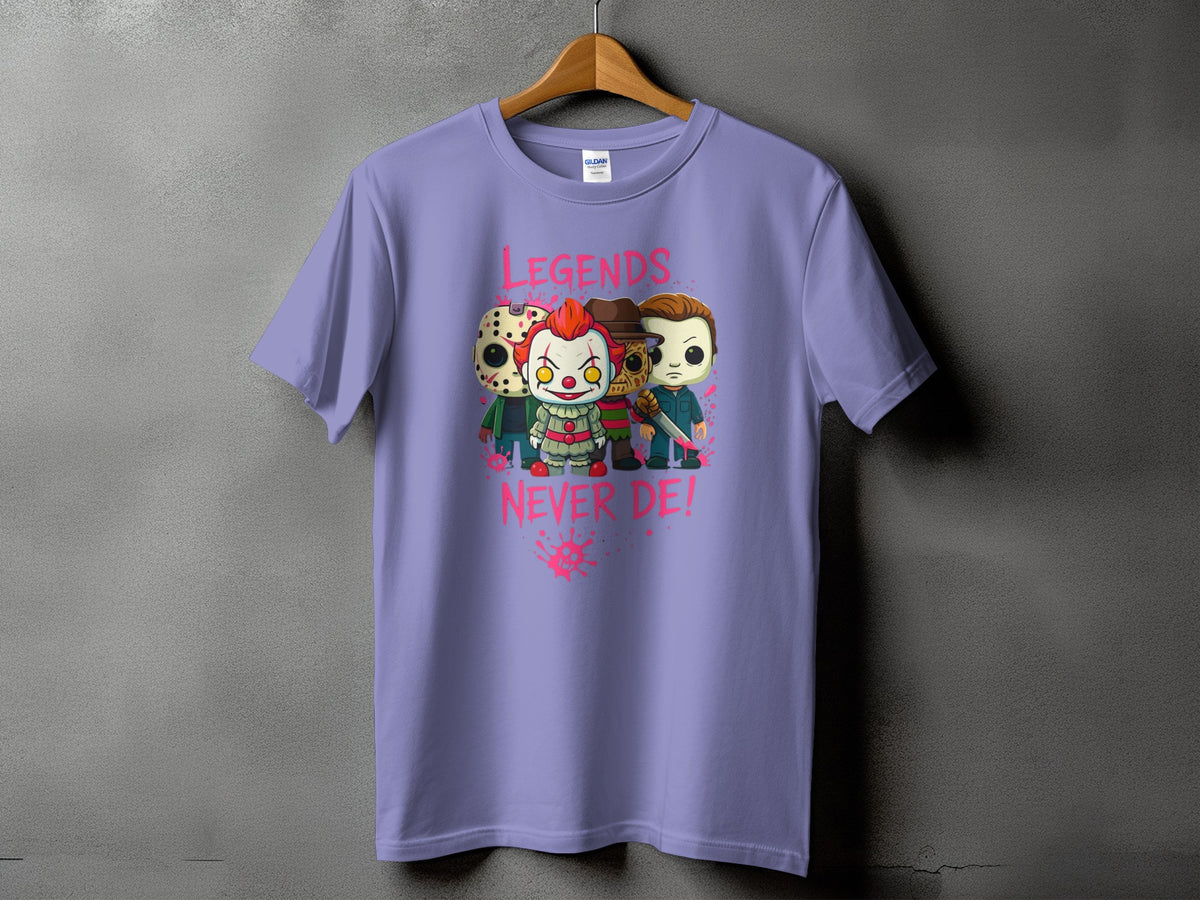 Lilac t-shirt with horror characters and "LEGENDS NEVER DIE!" text.