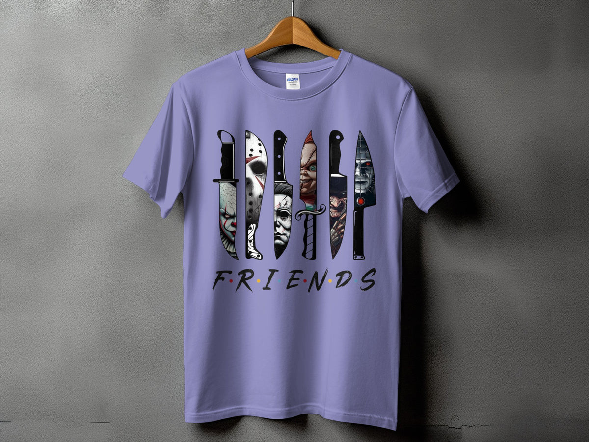 Lavender t-shirt with horror movie knives and "FRIENDS" text.