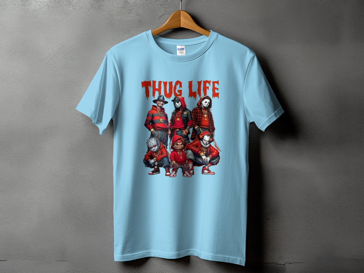 Light blue t-shirt with "THUG LIFE" text and horror characters graphic.