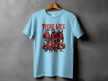 Light blue t-shirt with "THUG LIFE" text and horror characters graphic.