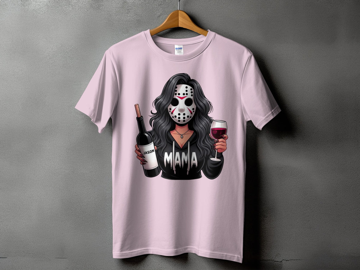 T-shirt with illustration of a woman in a hockey mask holding wine and a bottle labeled "Jason"