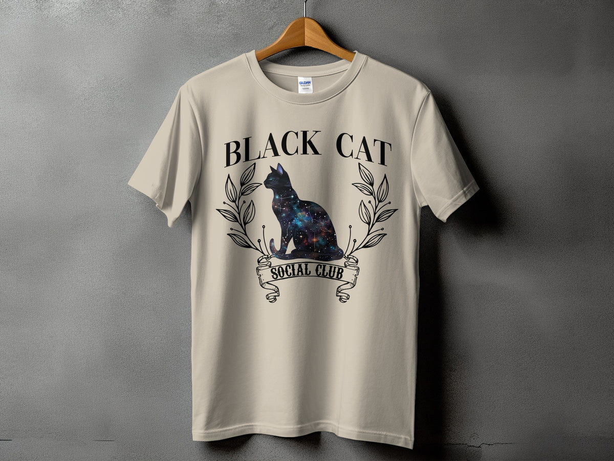 Light beige t-shirt with "BLACK CAT SOCIAL CLUB" text and galaxy cat graphic.