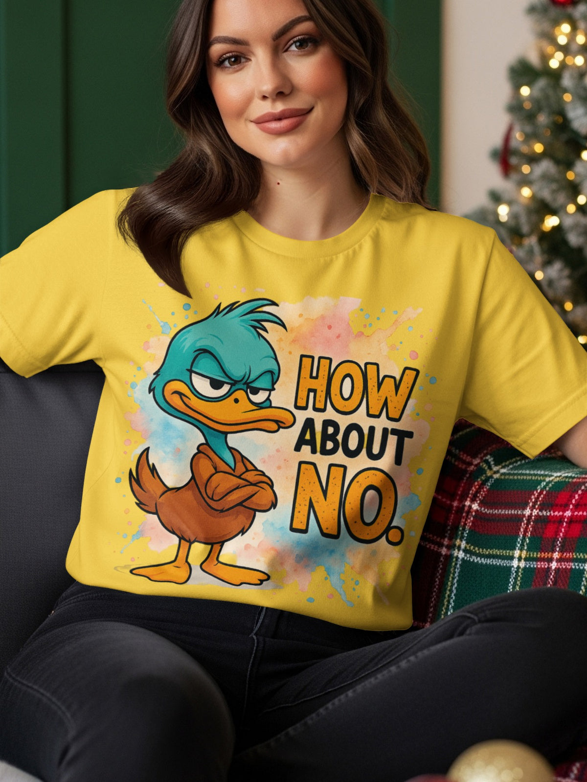 Yellow t-shirt with cartoon duck and text "HOW ABOUT NO."