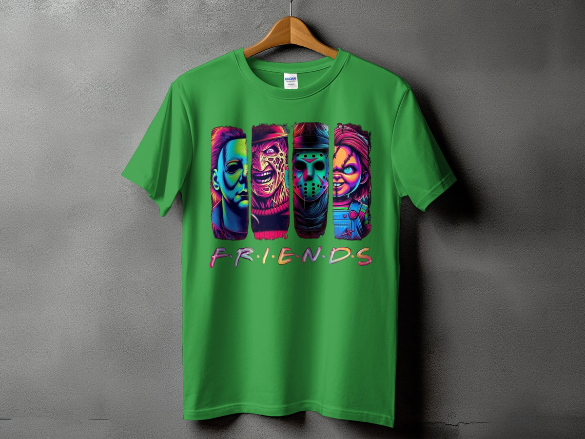 Green t-shirt featuring horror characters and the word "FRIENDS".