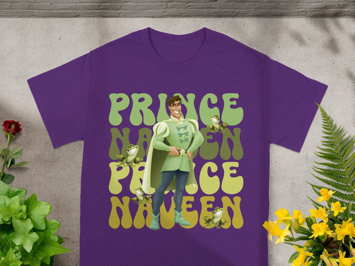 Purple t-shirt with Prince Naveen graphic and frog accents.