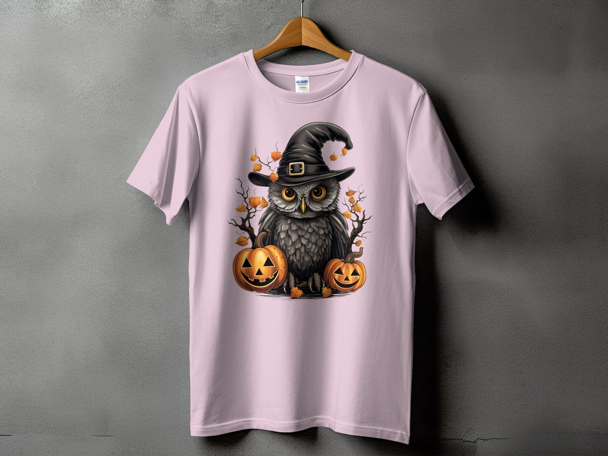 Pink t-shirt with a Halloween owl wearing a witch hat and pumpkins design.