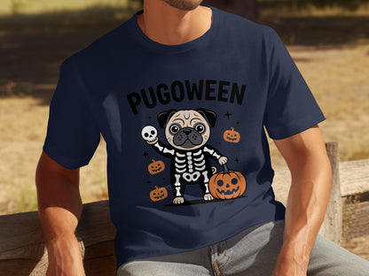 Funny Pugoween Halloween T-Shirt with Pug Skeleton