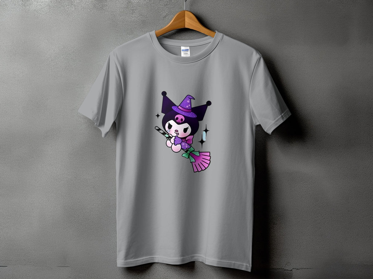 Grey t-shirt with a graphic of Kuromi in a witch hat holding a broomstick.