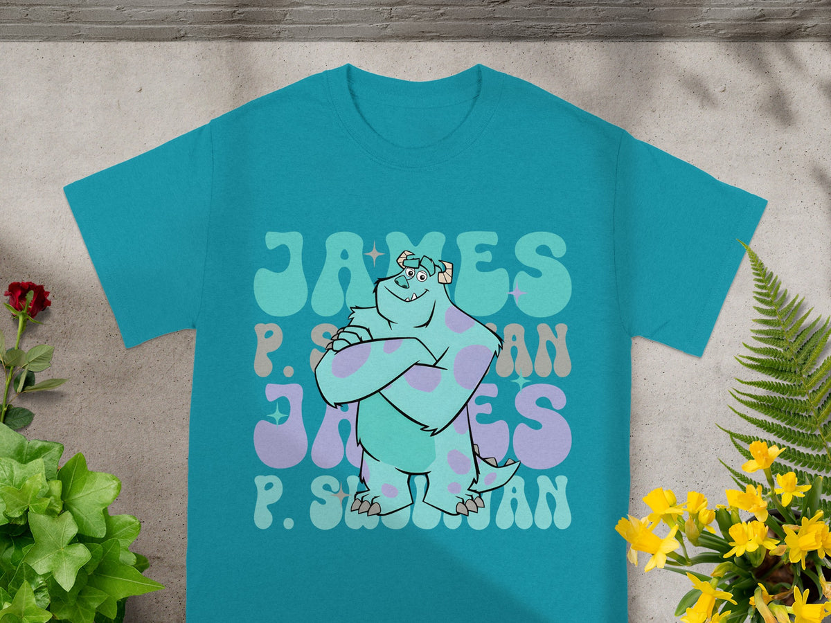 Teal t-shirt with "James P. Sullivan" text in a playful font.