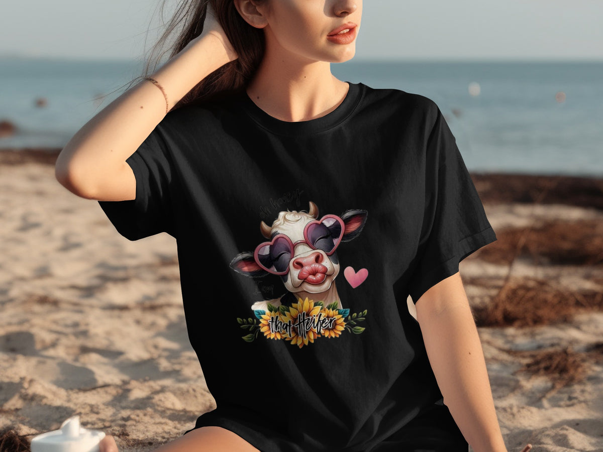 Heart Wearing Sunglasses Cow with Flowers graphic Shirt