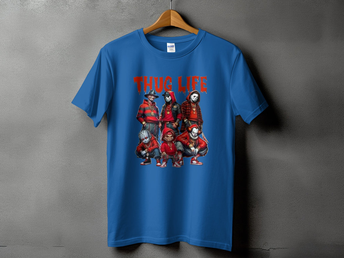Blue t-shirt with "THUG LIFE" text and horror characters.