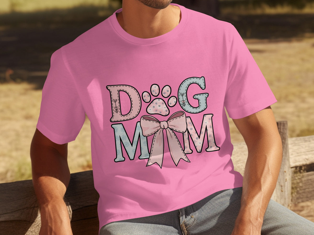 Dog Mom Print Pink T-shirt with Cute Bow Design