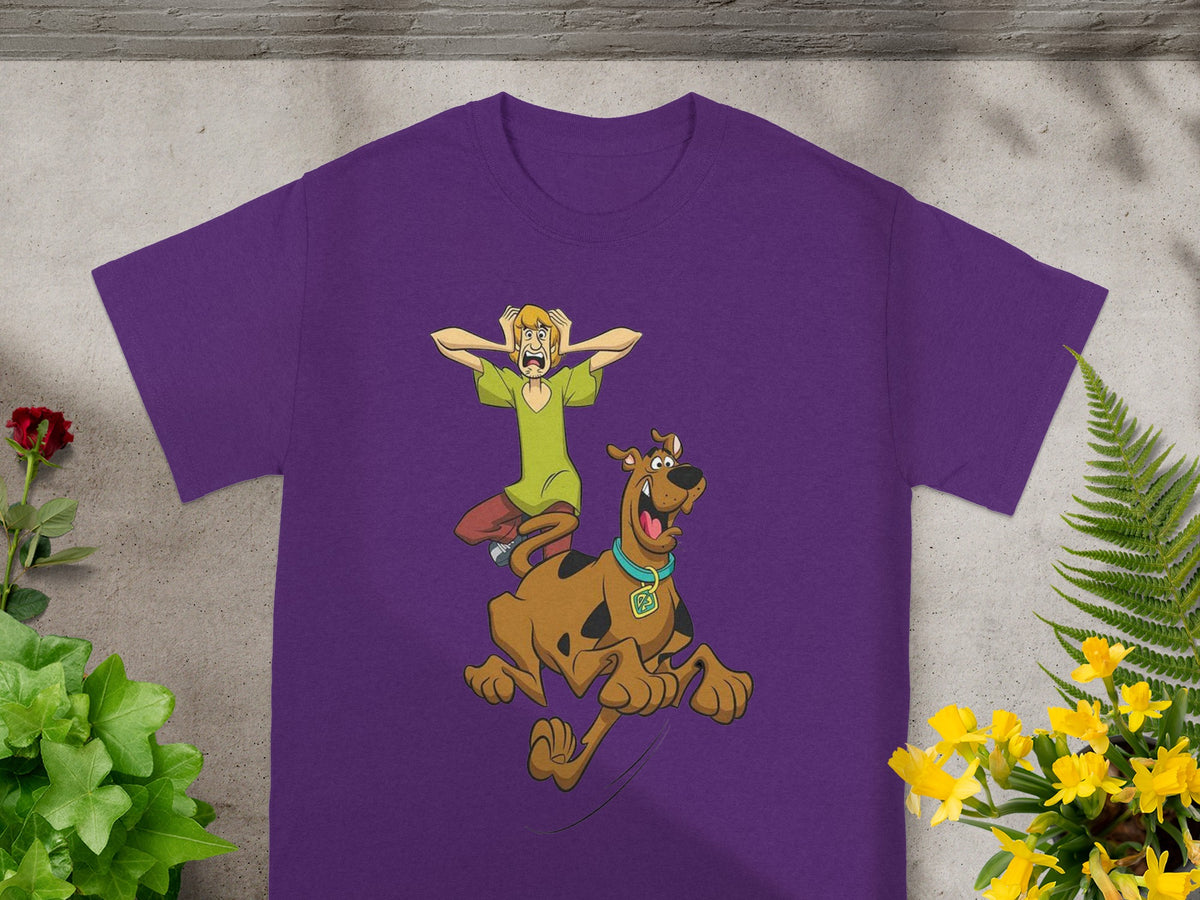 Scooby-Doo and Shaggy running in terror on a purple t-shirt.
