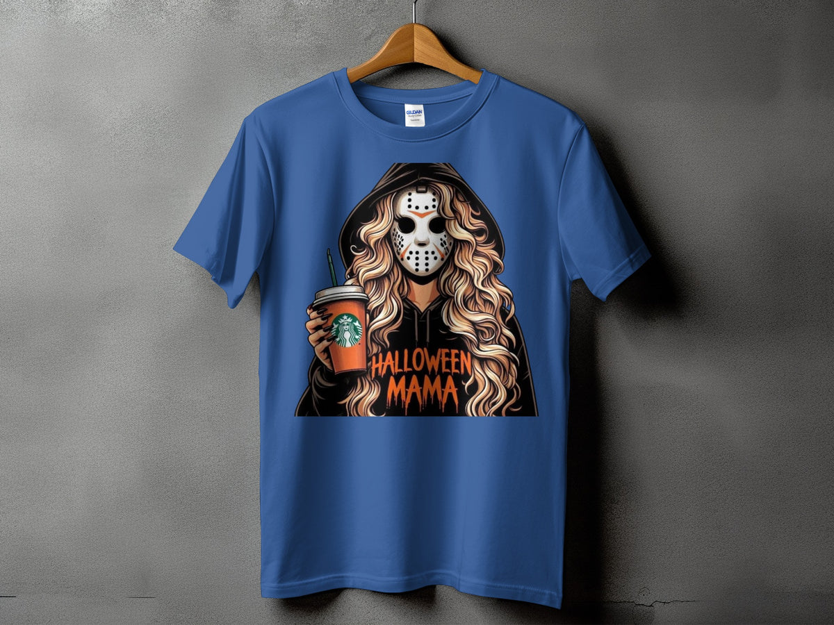 T-shirt with graphic of woman in hockey mask holding Starbucks cup, text Halloween Mama.
