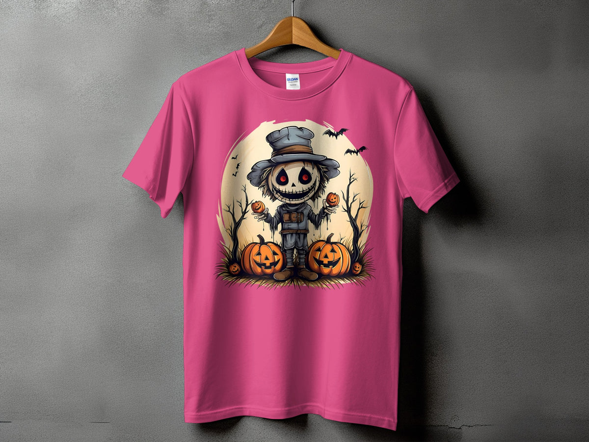 Pink t-shirt with a Halloween scarecrow, pumpkins, bats, and full moon graphic.