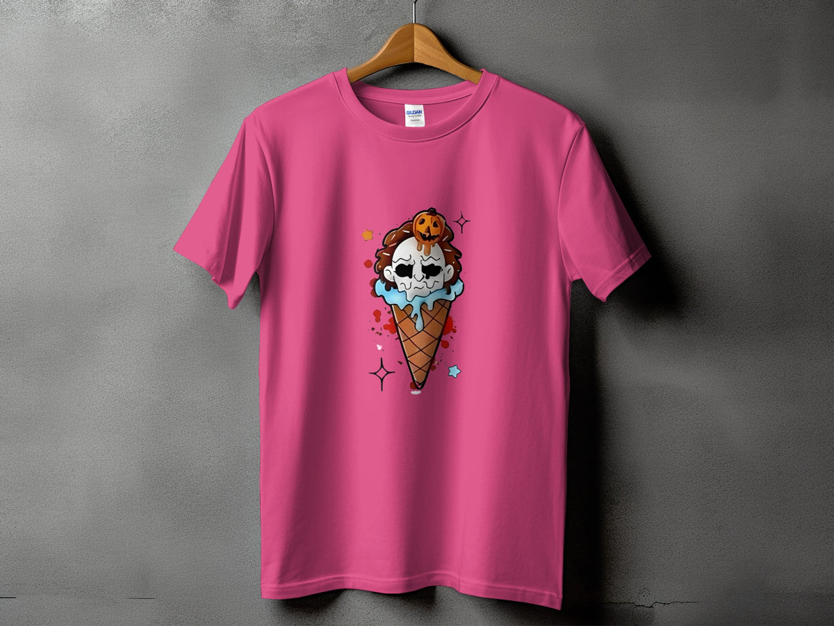 Pink t-shirt with a Halloween ice cream cone graphic featuring a skull and pumpkin.
