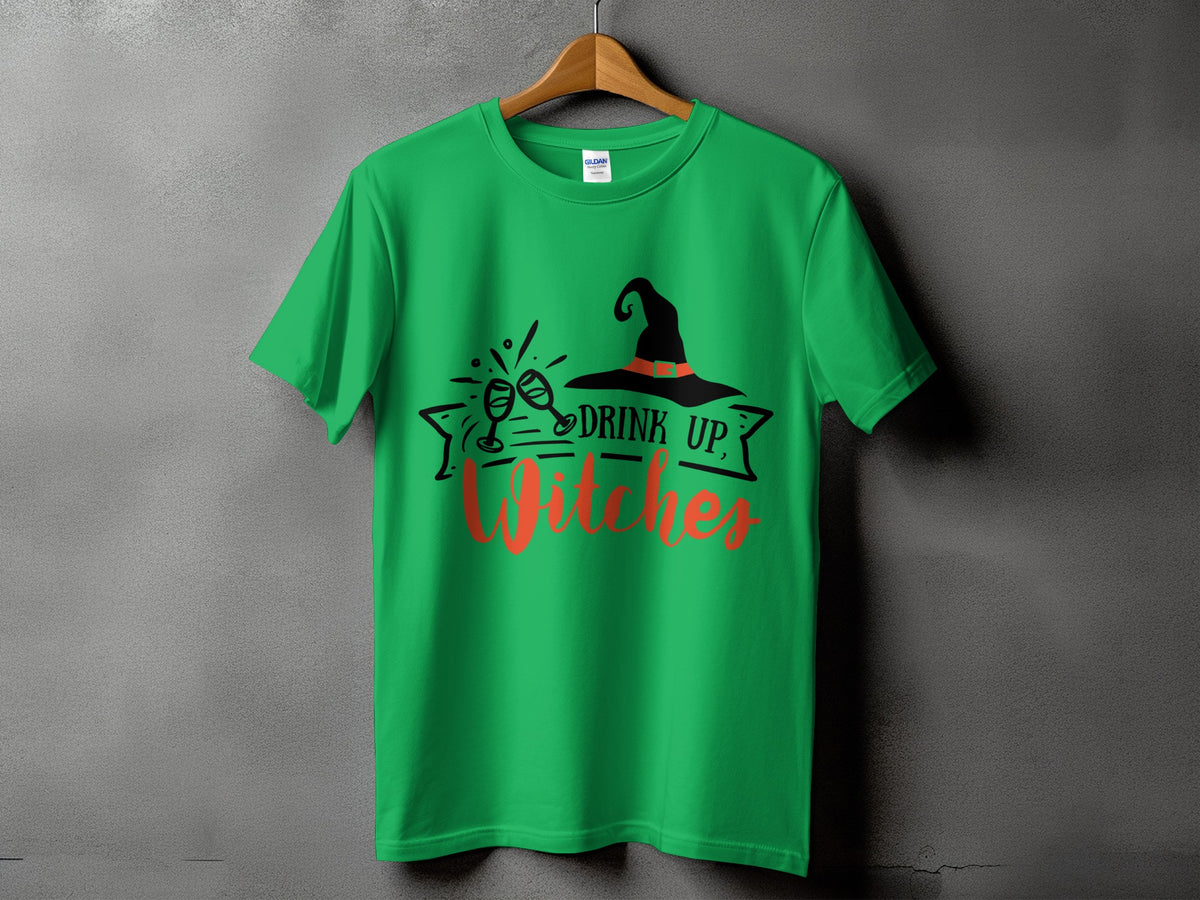 Green t-shirt with "Drink Up, Witches" text and witch hat graphic.