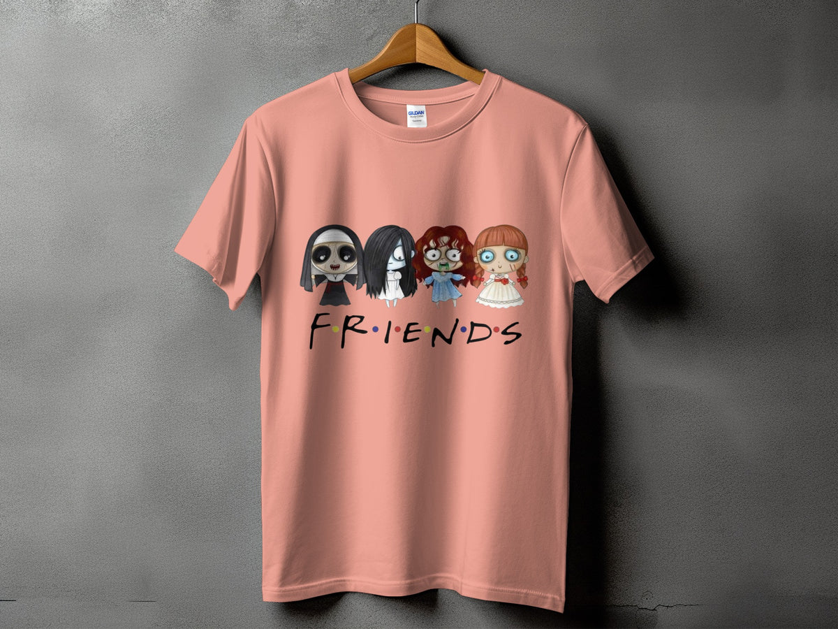 Peach t-shirt with horror characters and "FRIENDS" logo.