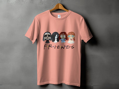 Peach t-shirt with horror characters and "FRIENDS" logo.