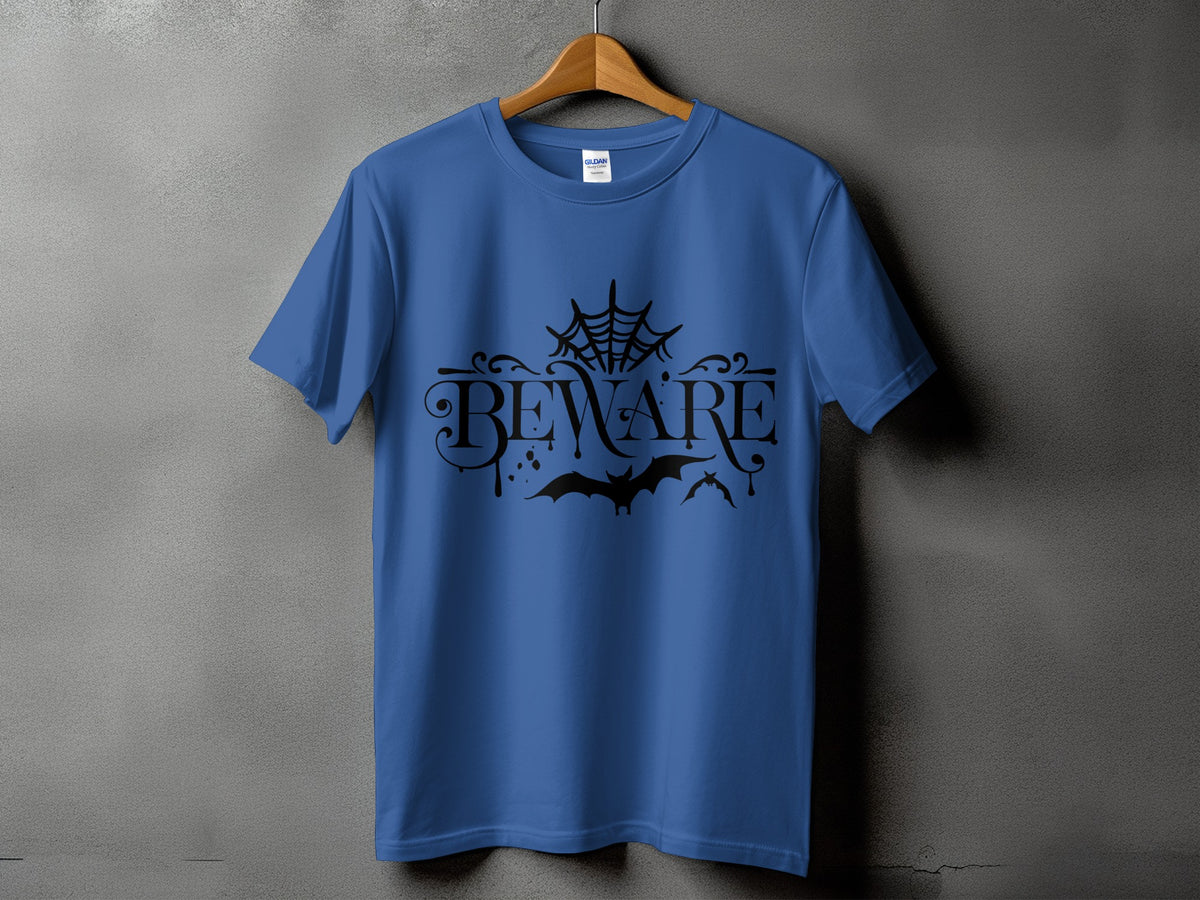 Blue t-shirt with black "BEWARE" text, spider web, and bats.