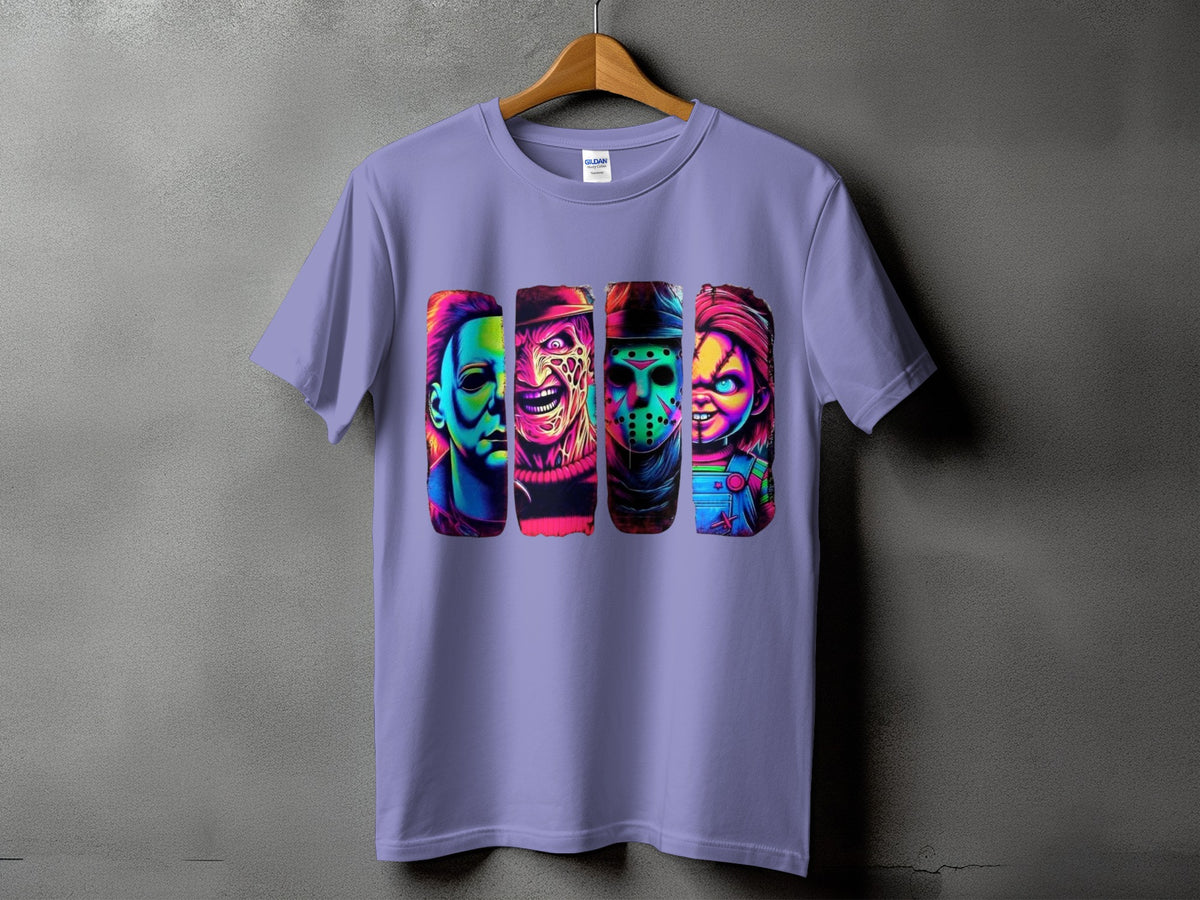 Purple t-shirt with colorful, stylized horror movie characters printed on the chest.