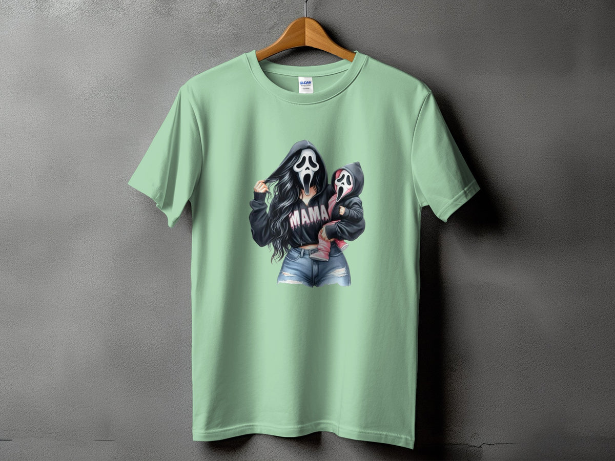 Ghostface mother and child graphic with "MAMA" text on a light green t-shirt.