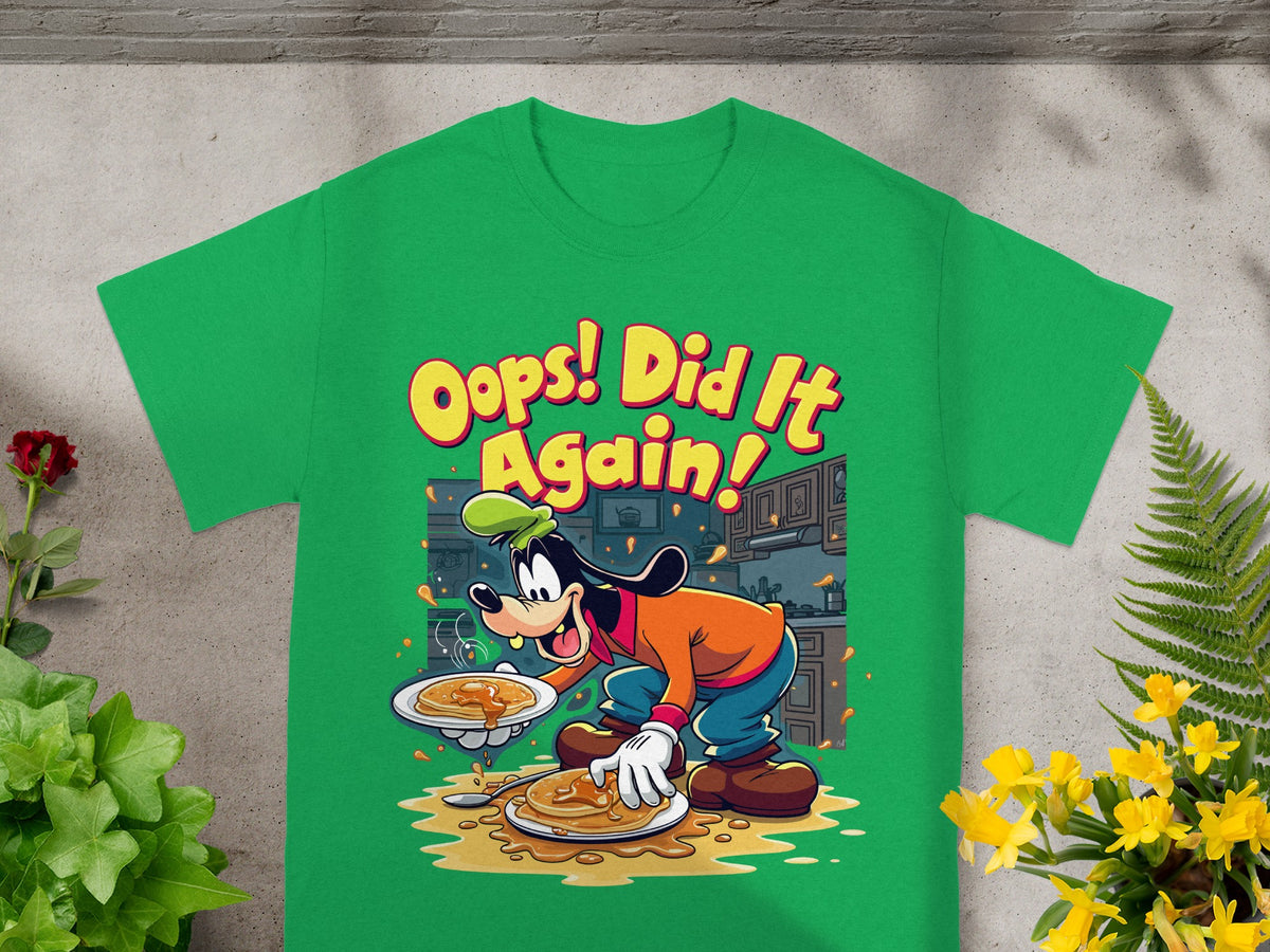 Goofy holding a plate of pancakes with the text "Oops! Did It Again!".
