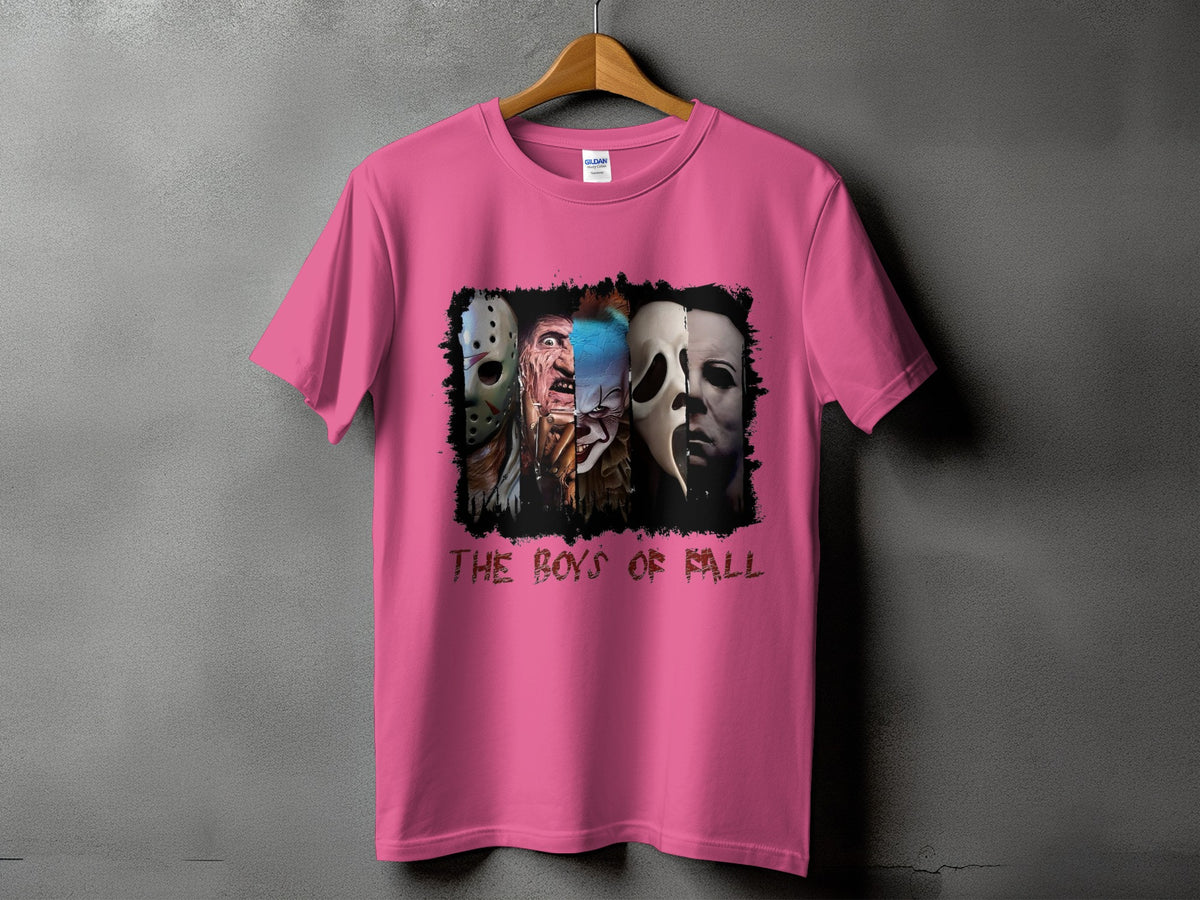 Pink t-shirt with horror movie characters and text "The Boys of Fall".