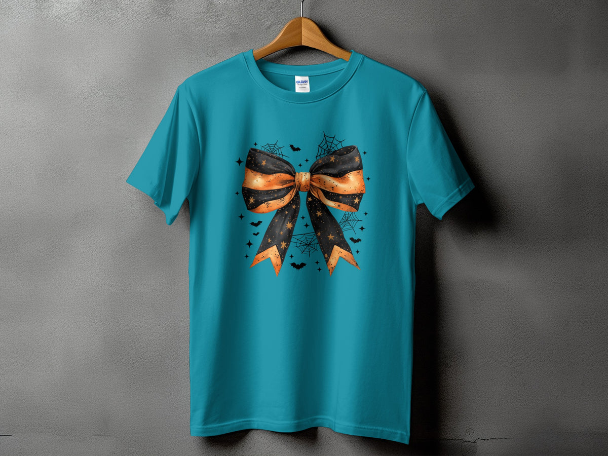 Turquoise t-shirt with Halloween bow graphic, bats, spiders, and stars.