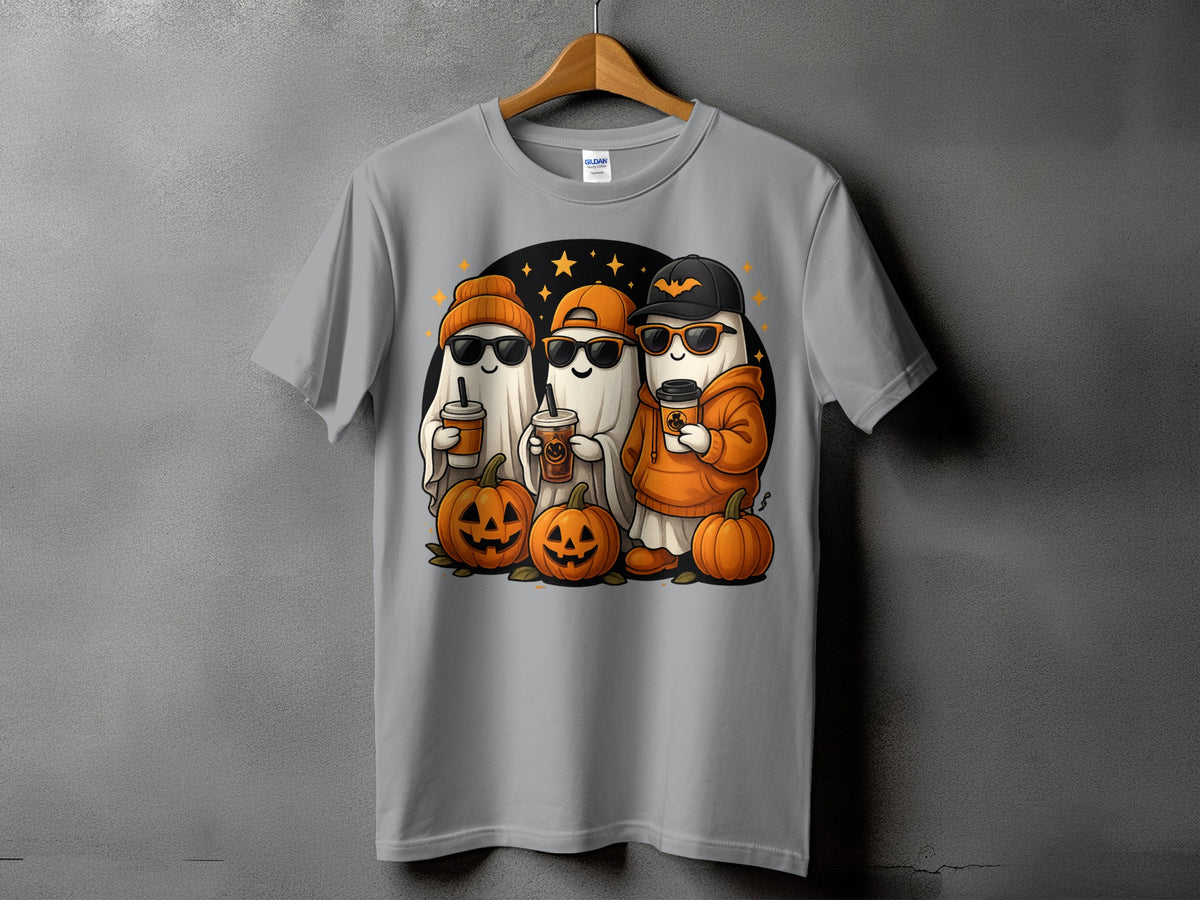 Three cartoon ghosts in sunglasses and Halloween hats hold coffee cups and stand with pumpkins.