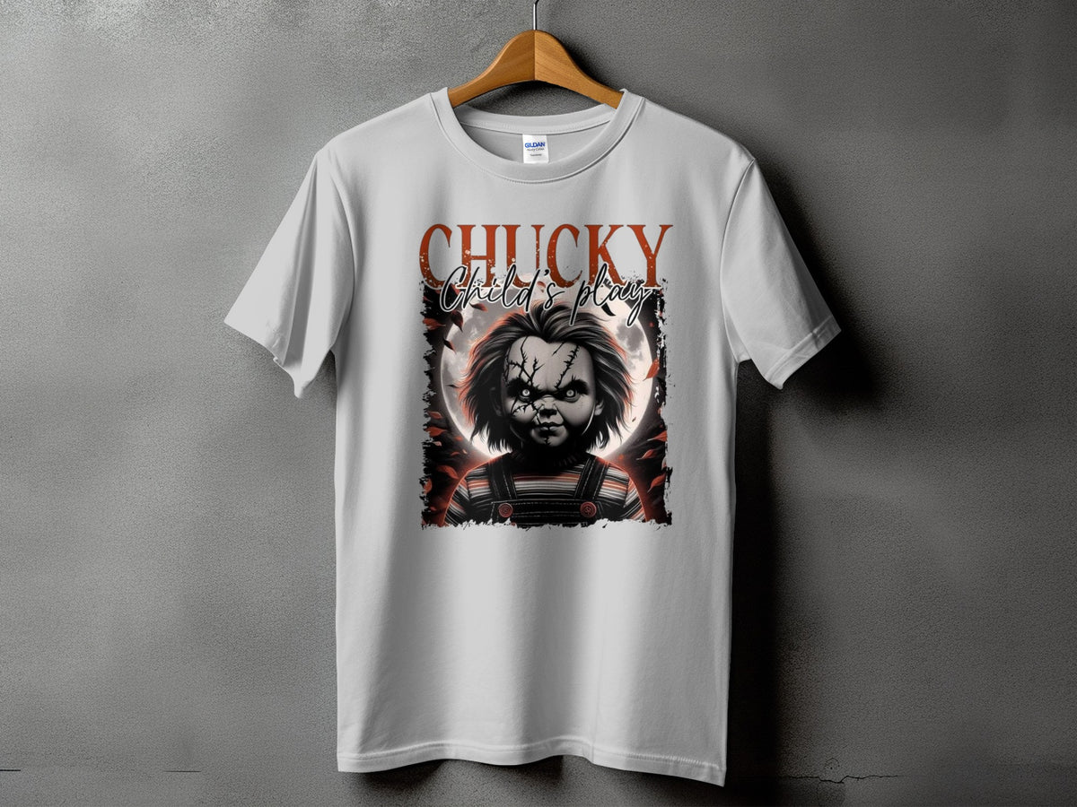 White t-shirt with Chucky doll graphic and "Chucky Child's Play" text.