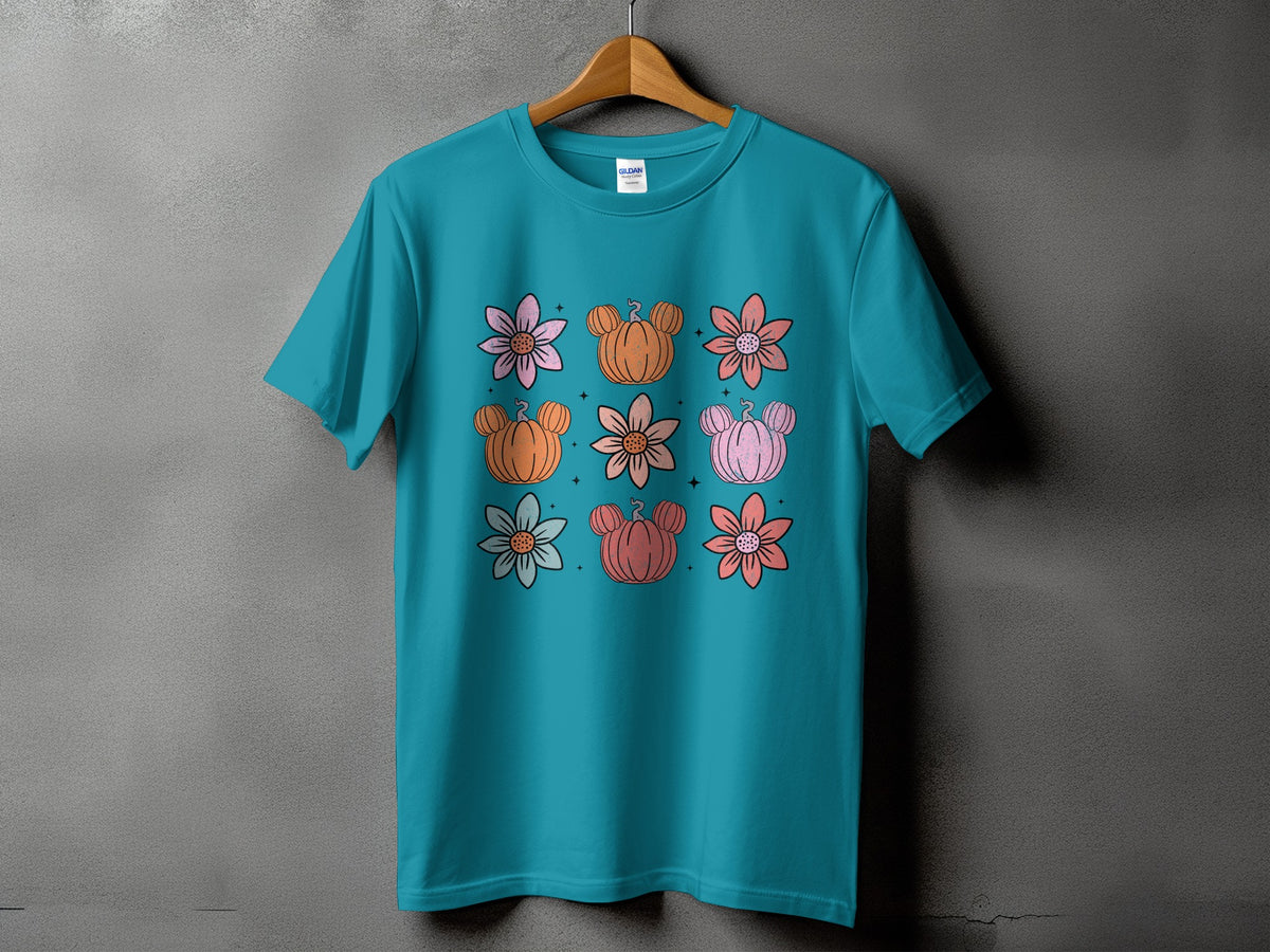 Teal t-shirt with a grid of flowers and Mickey Mouse pumpkins.
