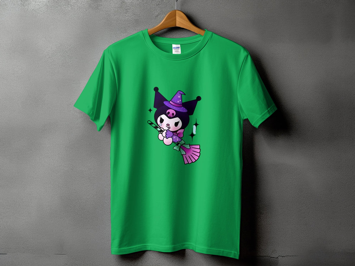 Green t-shirt with Kuromi dressed as a witch flying on a broomstick.