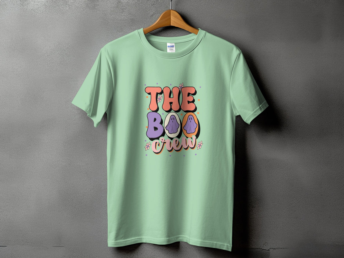 Light green t-shirt with "The Boo Crew" text and ghosts.