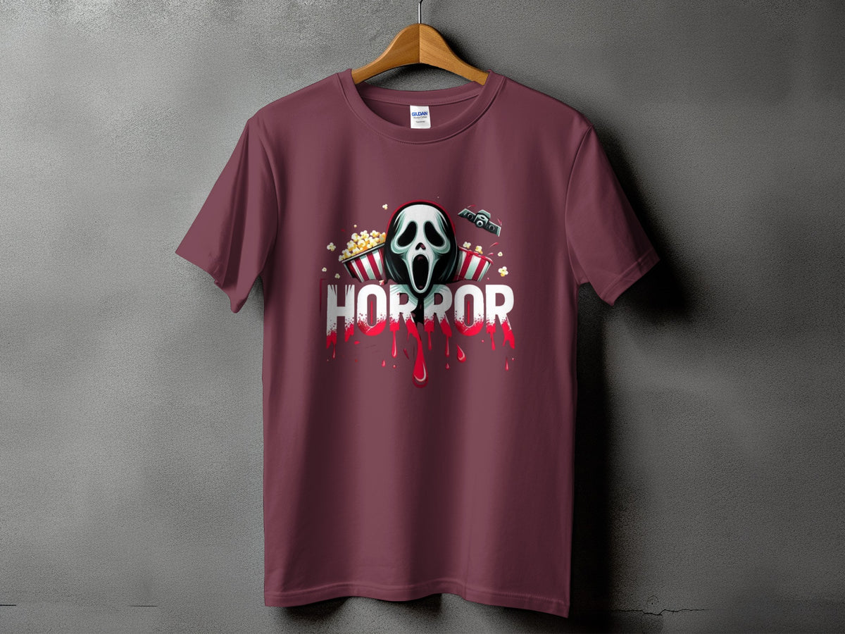 Maroon t-shirt with Ghostface mask, popcorn, and "HORROR" text.