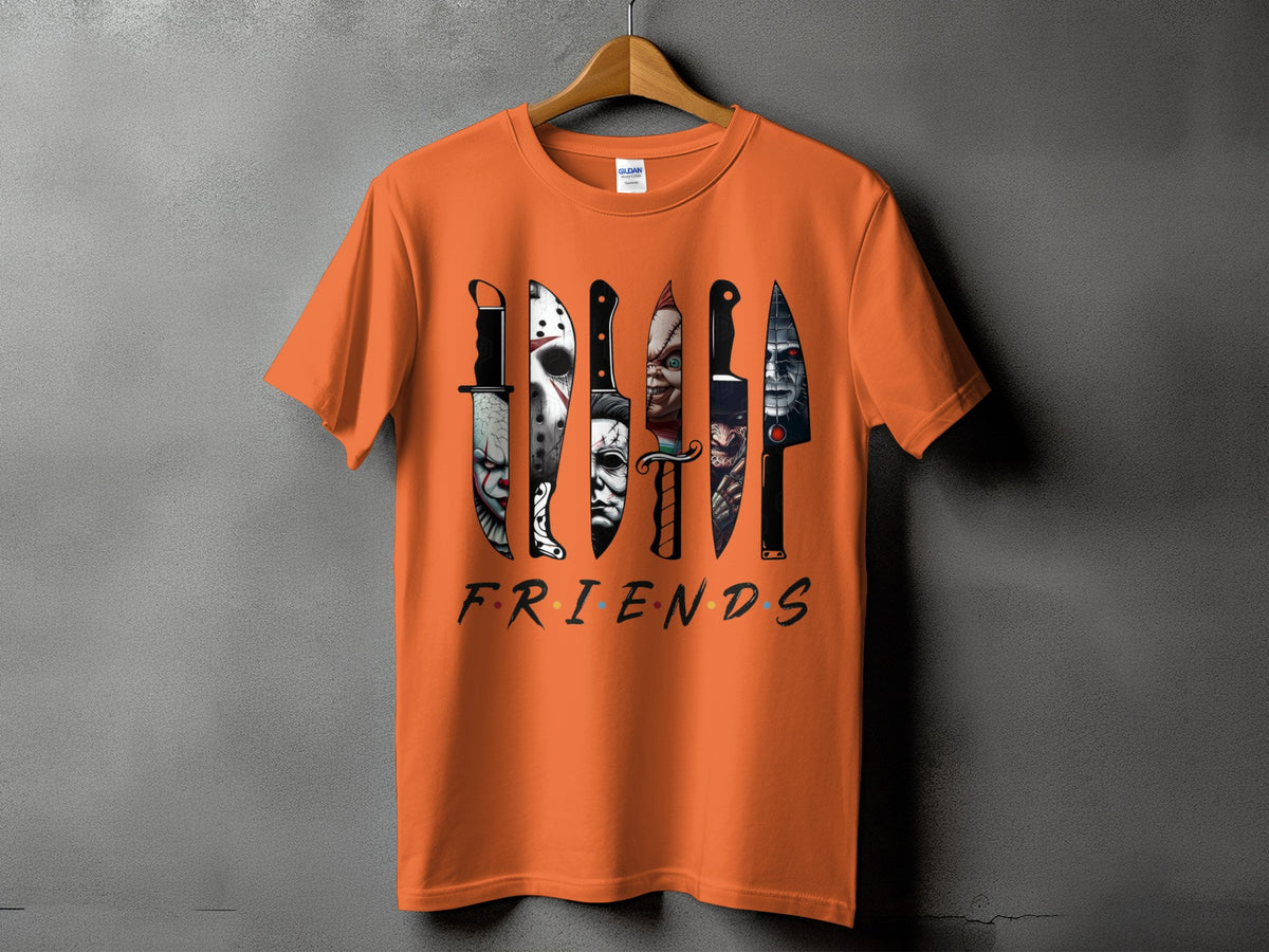 Orange t-shirt with horror movie knives and "FRIENDS" text.