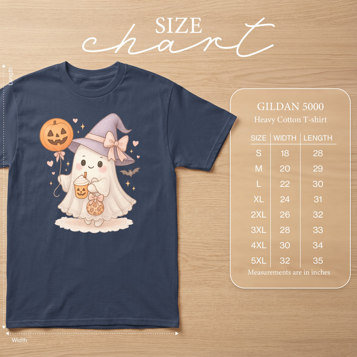 T-shirt size chart with a cute ghost character holding a pumpkin balloon and a drink.
