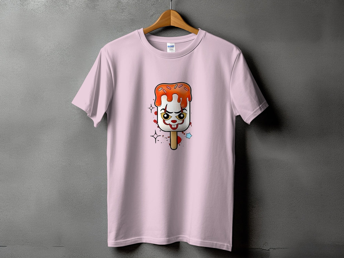 Pink t-shirt with clown popsicle graphic and splatters.
